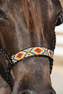 Black/Orange - A braided soft yet sturdy mule tape rope halter that features a flat nose and comes complete with a matching ten foot lead. Beaded nose band gives a fun fashion flare to the noseband. 