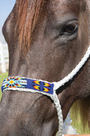 White/Royal Blue - A braided soft yet sturdy mule tape rope halter that features a flat nose and comes complete with a matching ten foot lead. Beaded nose band gives a fun fashion flare to the noseband. 