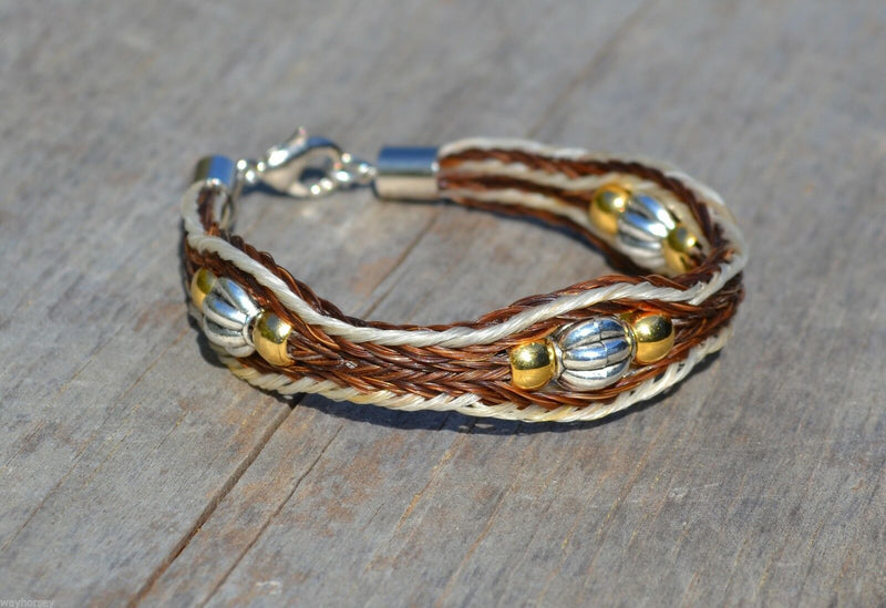 Close Up View Awesome 3/8" wide, 3 Strand Braided Horsehair Bracelet with a lobster claw clasp and various colored beads. White/Chestnut/Silver/3B