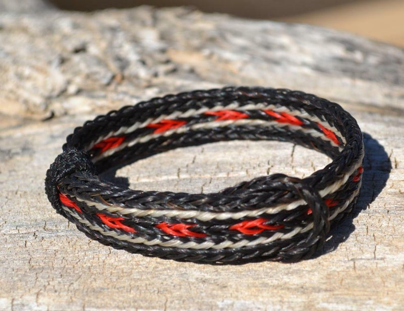 Awesome 5/8" wide, 5 Strand Braided Horsehair Bracelet with sliding knot.  The unique sliding knot design can expand up to 10".  Unisex.  Very durable and makes a great gift for any horse lover. Black/Red/Black