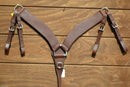 Front View 2.5" Shaped Roping Breast Collar with Double Tugs.   Constructed of finest quality dark oiled Hermann Oak harness leather.   