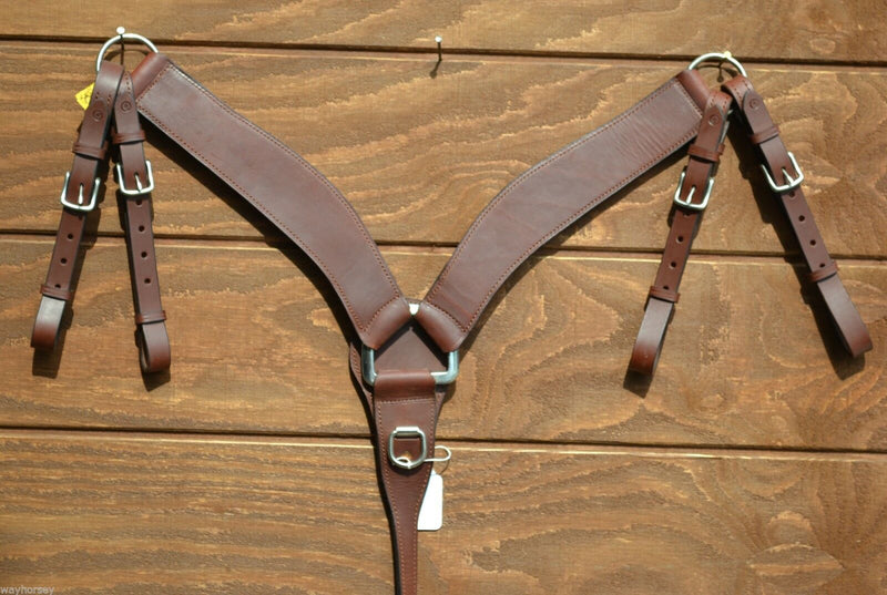 Front View 2.5" Shaped Roping Breast Collar with Double Tugs.   Constructed of finest quality dark oiled Hermann Oak harness leather.   