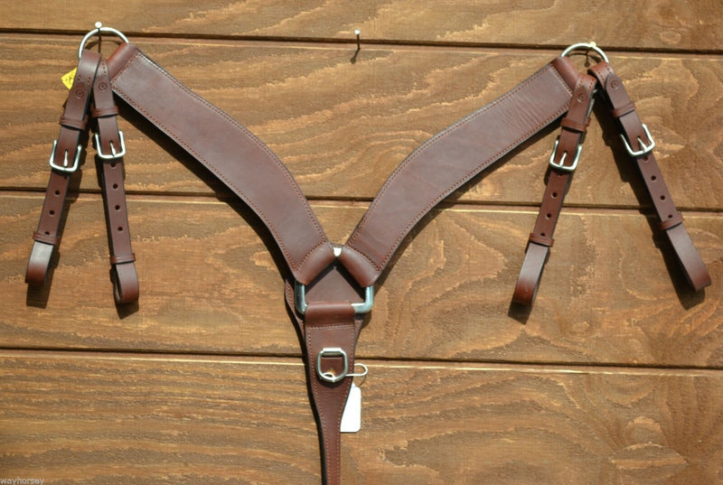 Front View 2.5" Shaped Roping Breast Collar with Double Tugs.   Constructed of finest quality dark oiled Hermann Oak harness leather.   