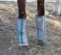 Close Up View Say 'Bye' to biting insects! These lightweight and breathable fly boots are made from a durable outer mesh with UV coating. The boots are designed to stay in place with a unique design that combines stiff binding and an ergonomic shape, tapered to fit your horse's legs. 